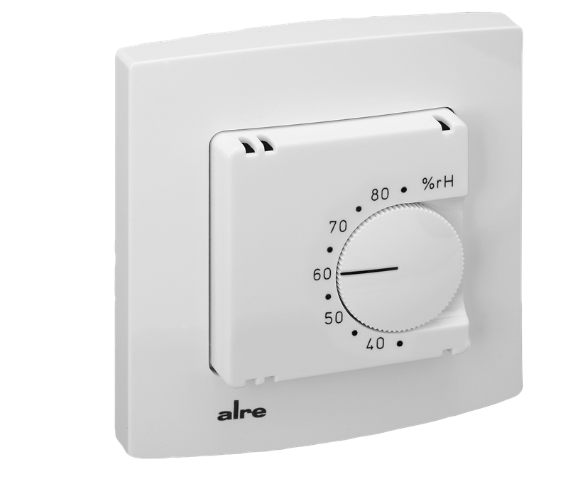 Alre FHY 101.060#21 Room hygrostat, flush-mounted, 24V AC to 230V AC, 35…85% rH, two-way contact, alre frame, cover 50x50mm, pure white, gloss Turkey