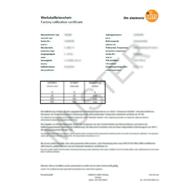 IFM Werkskalibrierschein für Infrarot-Temp. Factory calibration certificate for infrared temperature sensors Turkey