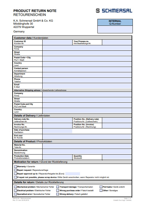 Schmersal general product return note Turkiye