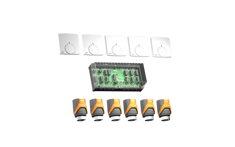 Alre SET 31 Set for fully automatic hydraulic balancing consisting of 5 surface-mounted room thermostats, 1 terminal strip and 6 actuators Turkiye