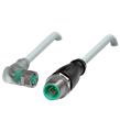 Pepperl+Fuchs V3-WM-E2-2M-PUR-V11-G Cordset M8 socket angled A-coded LED 3-pin to M12 plug straight A-coded 3-pin, PUR cable grey